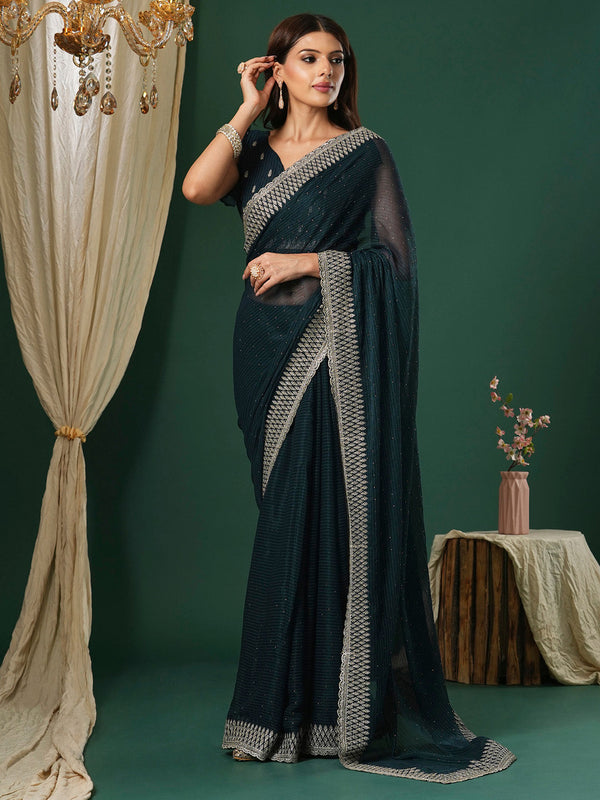 NOZ2TOZ Women's Georgette Teal blue Embroidered Designer Saree With Blouse Piece - Distacart