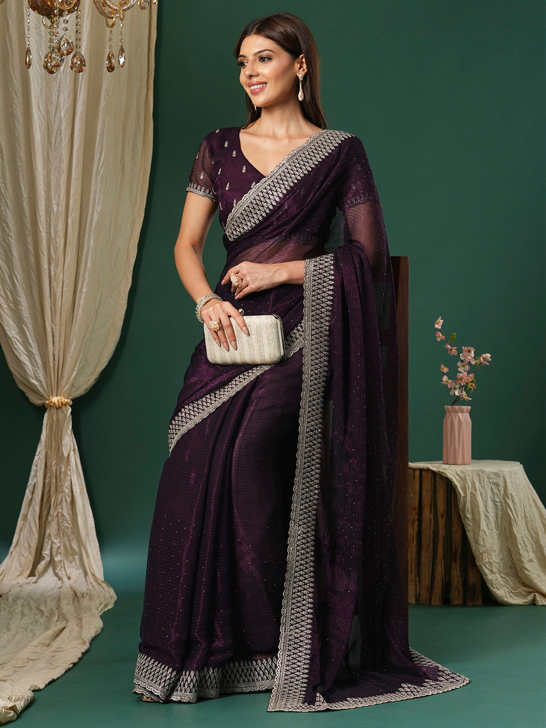 NOZ2TOZ Women's Georgette Magenta Embroidered Designer Saree With Blouse Piece - Distacart