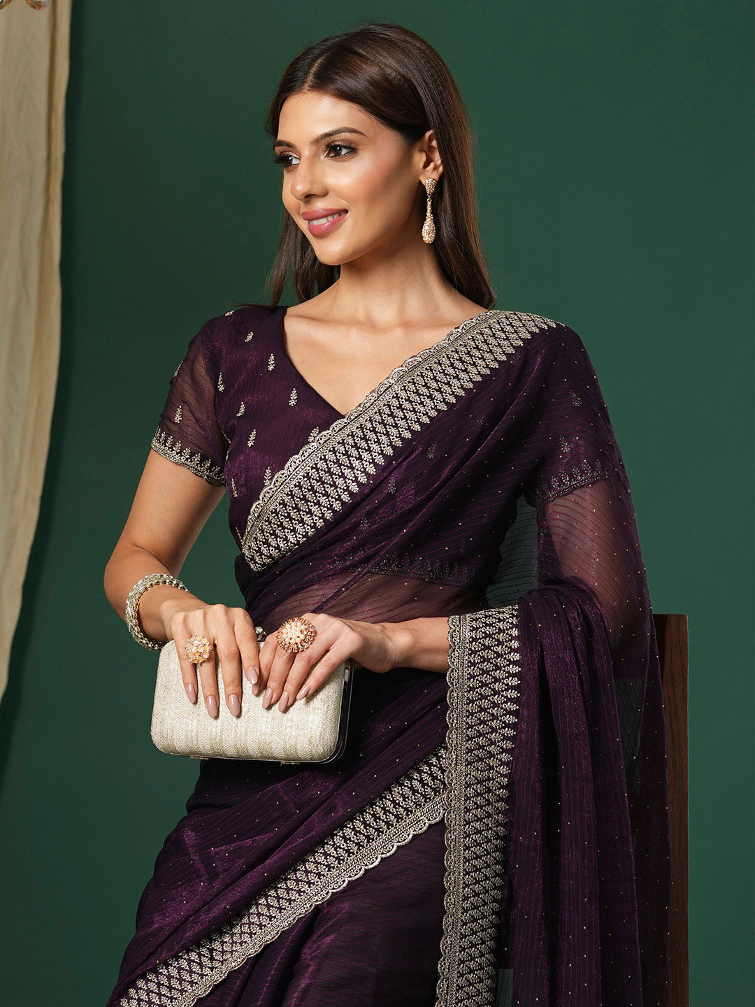 NOZ2TOZ Women's Georgette Magenta Embroidered Designer Saree With Blouse Piece - Distacart