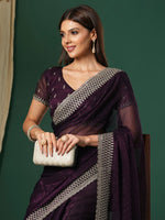 Thumbnail for NOZ2TOZ Women's Georgette Magenta Embroidered Designer Saree With Blouse Piece - Distacart