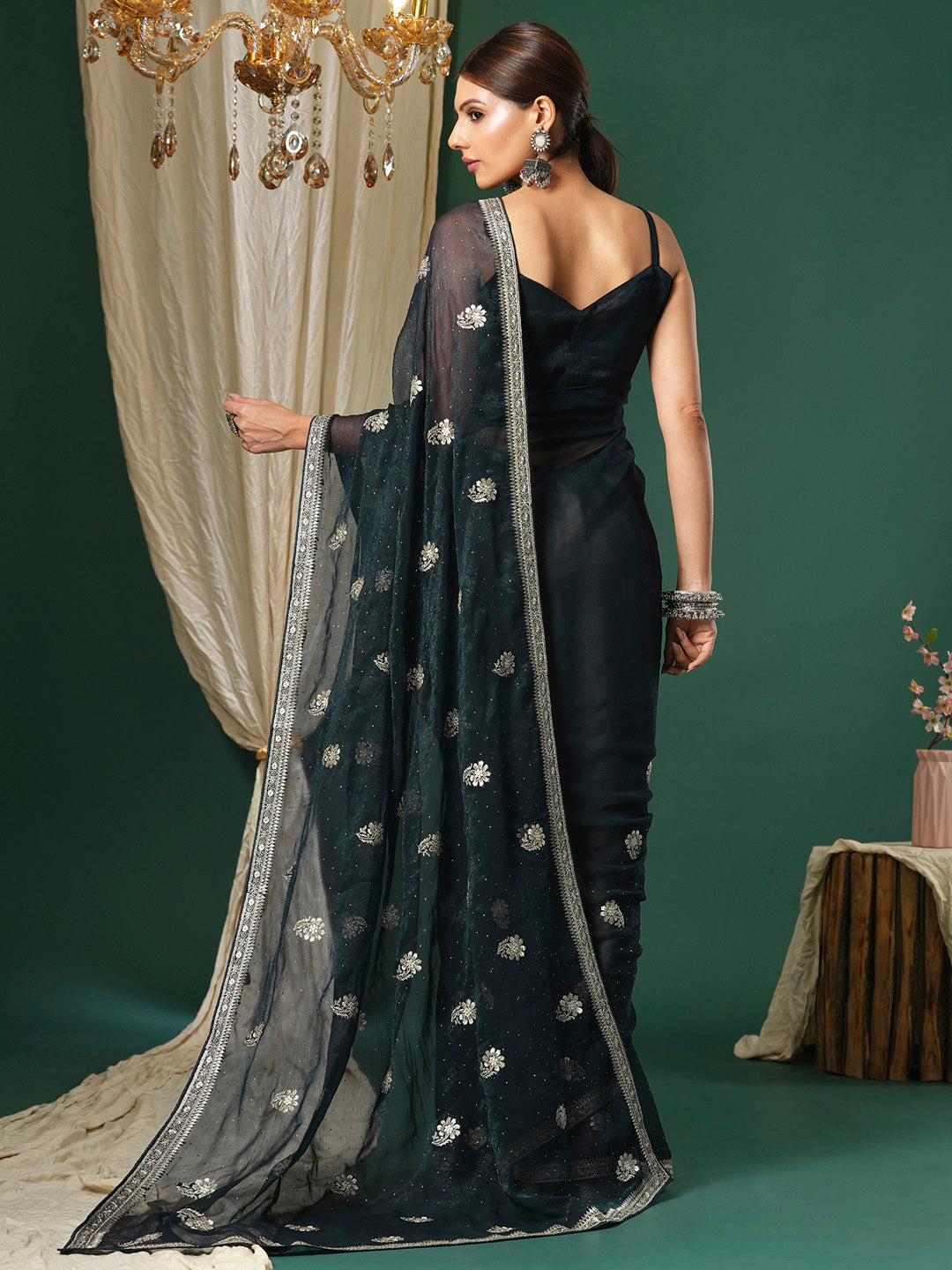 NOZ2TOZ Women's Georgette Teal green Embroidered Designer Saree With Blouse Piece - Distacart