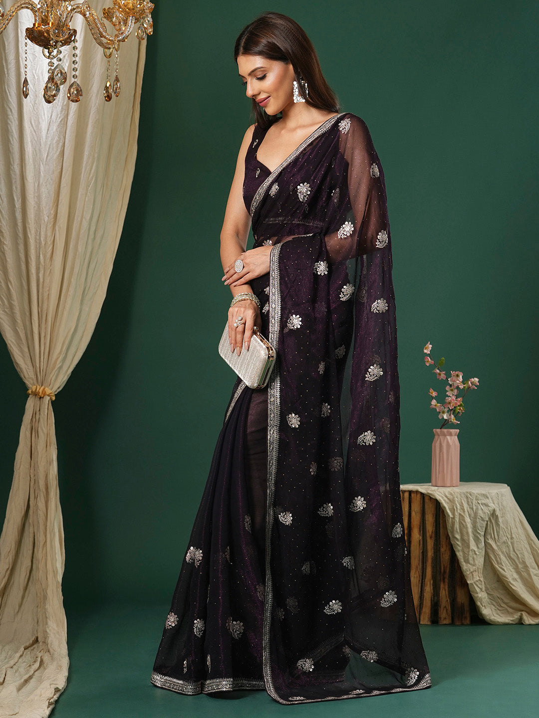 NOZ2TOZ Women's Georgette Purple Embroidered Designer Saree With Blouse Piece - Distacart
