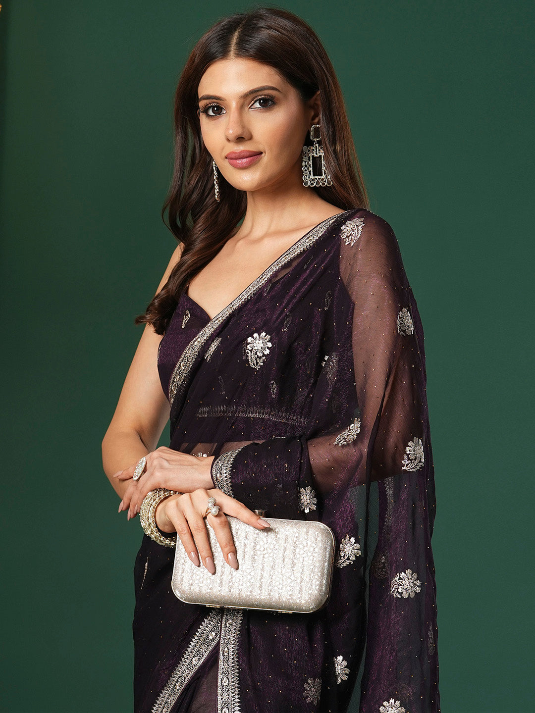 NOZ2TOZ Women's Georgette Purple Embroidered Designer Saree With Blouse Piece - Distacart