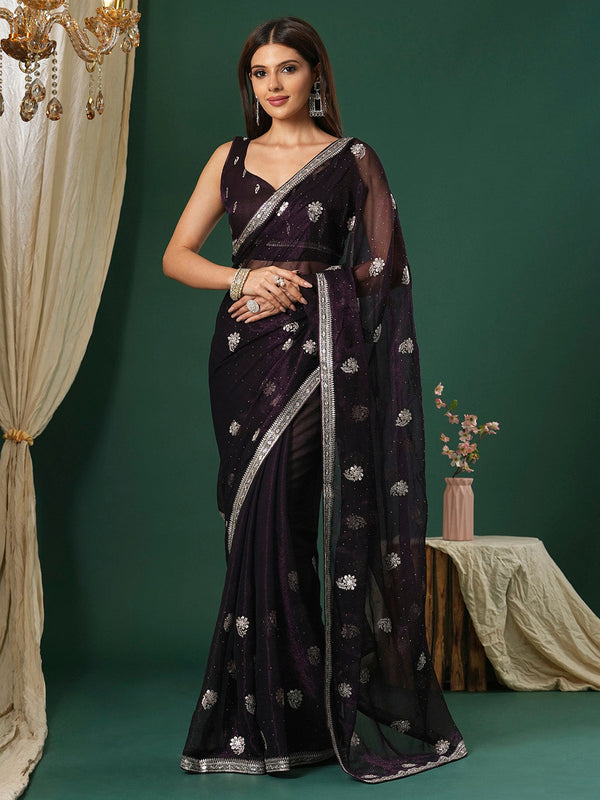 NOZ2TOZ Women's Georgette Purple Embroidered Designer Saree With Blouse Piece - Distacart