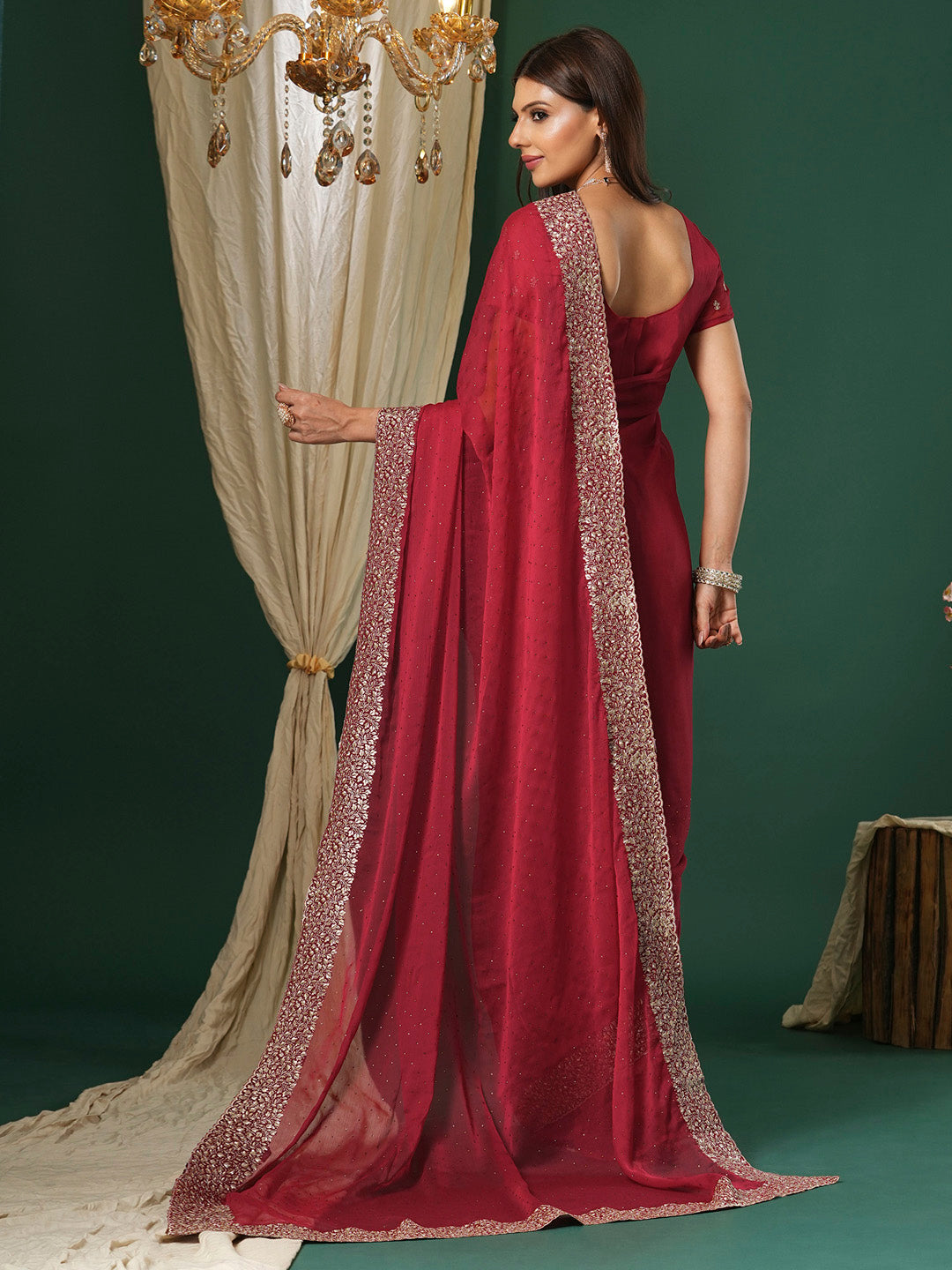 NOZ2TOZ Women's Chiffon Red Embroidered Designer Saree With Blouse Piece - Distacart