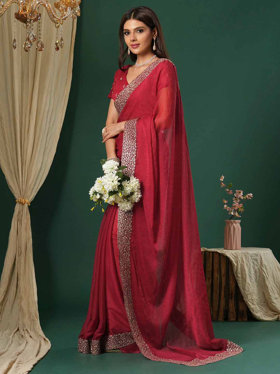 NOZ2TOZ Women's Chiffon Red Embroidered Designer Saree With Blouse Piece - Distacart
