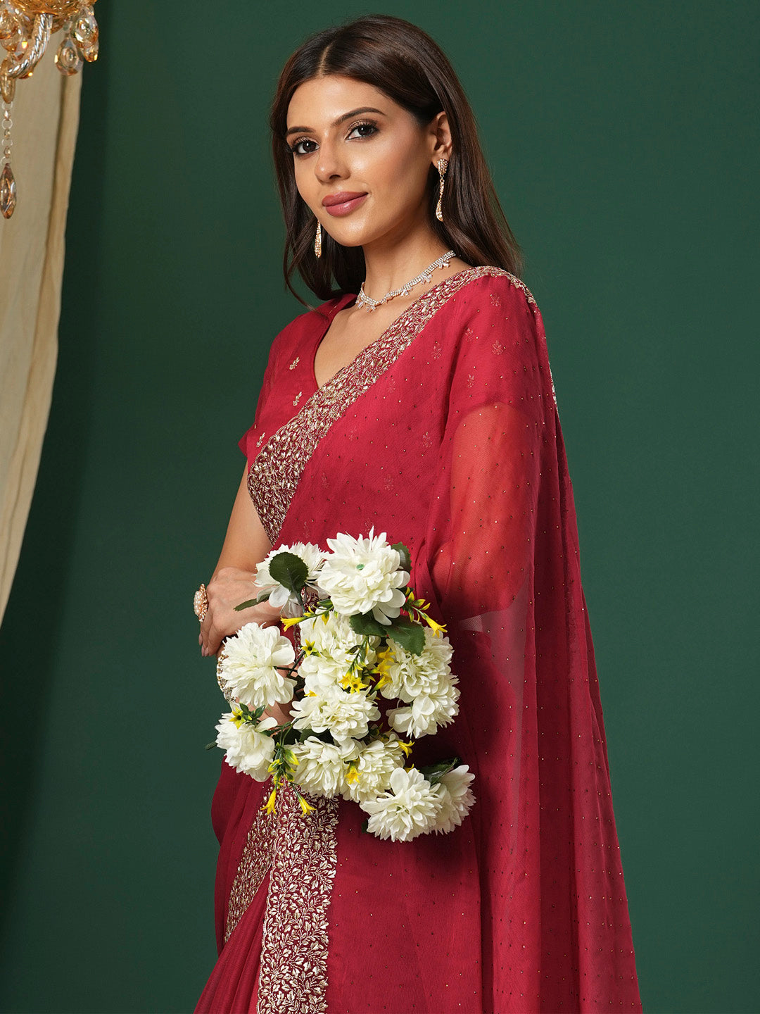 NOZ2TOZ Women's Chiffon Red Embroidered Designer Saree With Blouse Piece - Distacart