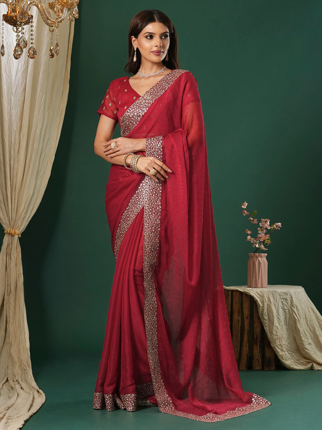 NOZ2TOZ Women's Chiffon Red Embroidered Designer Saree With Blouse Piece - Distacart