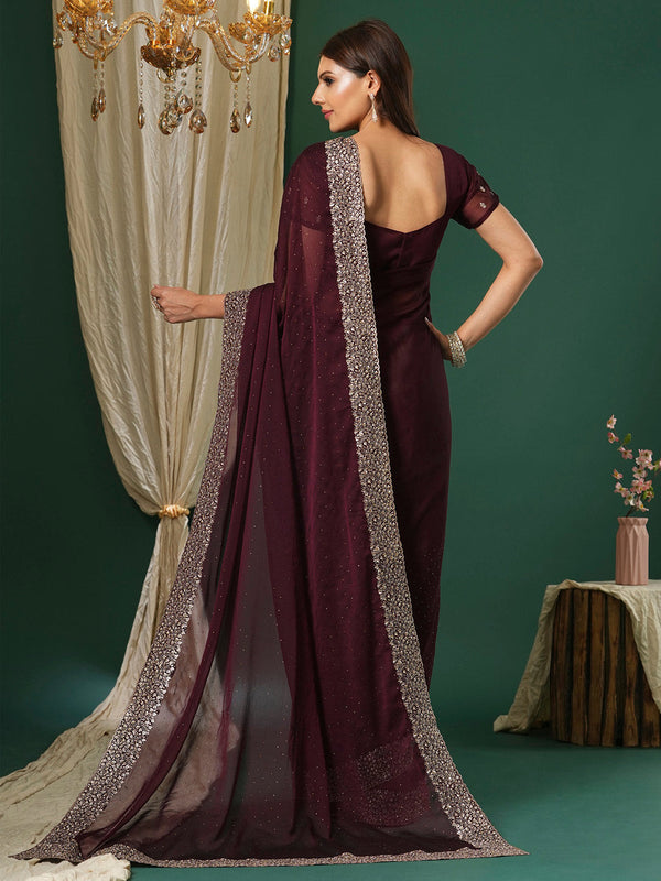 NOZ2TOZ Women's Chiffon Magenta Embroidered Designer Saree With Blouse Piece - Distacart