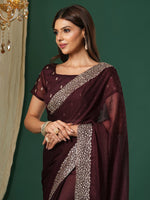 Thumbnail for NOZ2TOZ Women's Chiffon Magenta Embroidered Designer Saree With Blouse Piece - Distacart