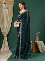 Thumbnail for NOZ2TOZ Women's Georgette Teal blue Embroidered Designer Saree With Blouse Piece - Distacart