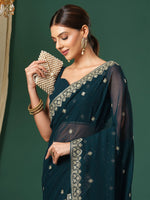 Thumbnail for NOZ2TOZ Women's Georgette Teal blue Embroidered Designer Saree With Blouse Piece - Distacart