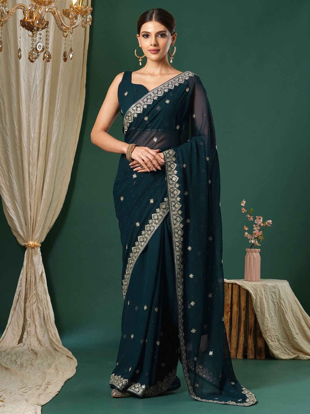 NOZ2TOZ Women's Georgette Teal blue Embroidered Designer Saree With Blouse Piece - Distacart