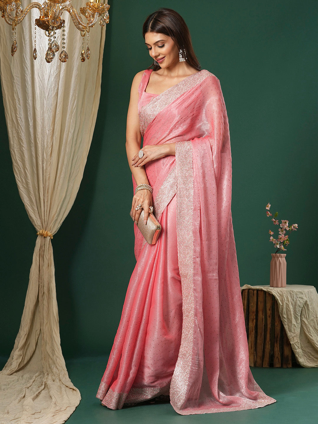 NOZ2TOZ Women's Organza Pink Embroidered Designer Saree With Blouse Piece - Distacart