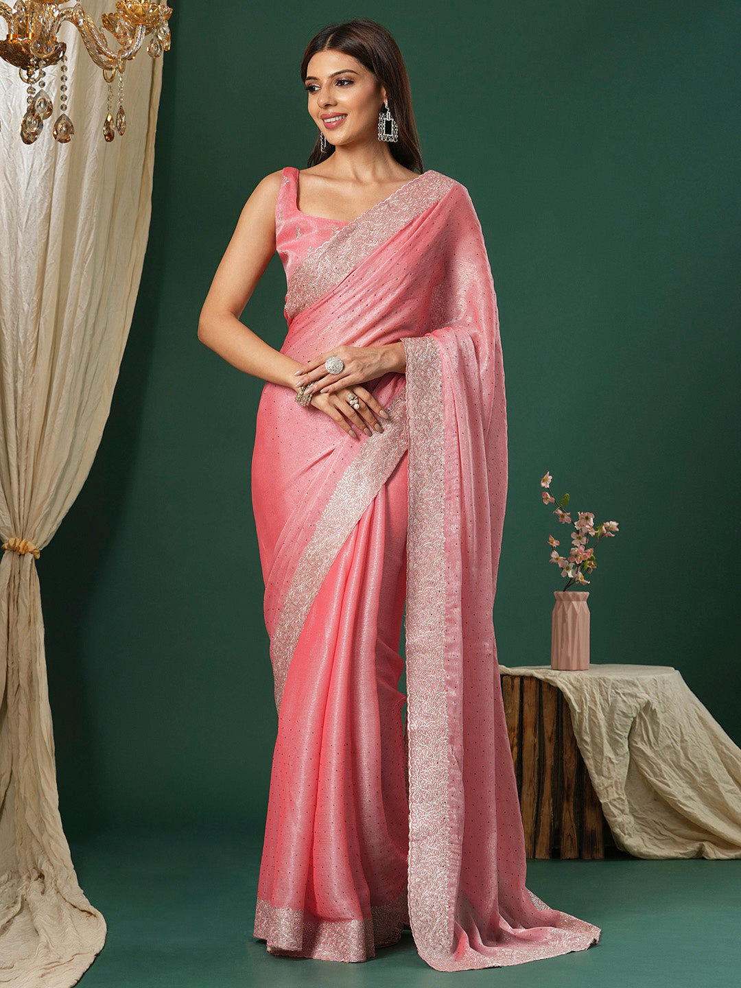 NOZ2TOZ Women's Organza Pink Embroidered Designer Saree With Blouse Piece - Distacart