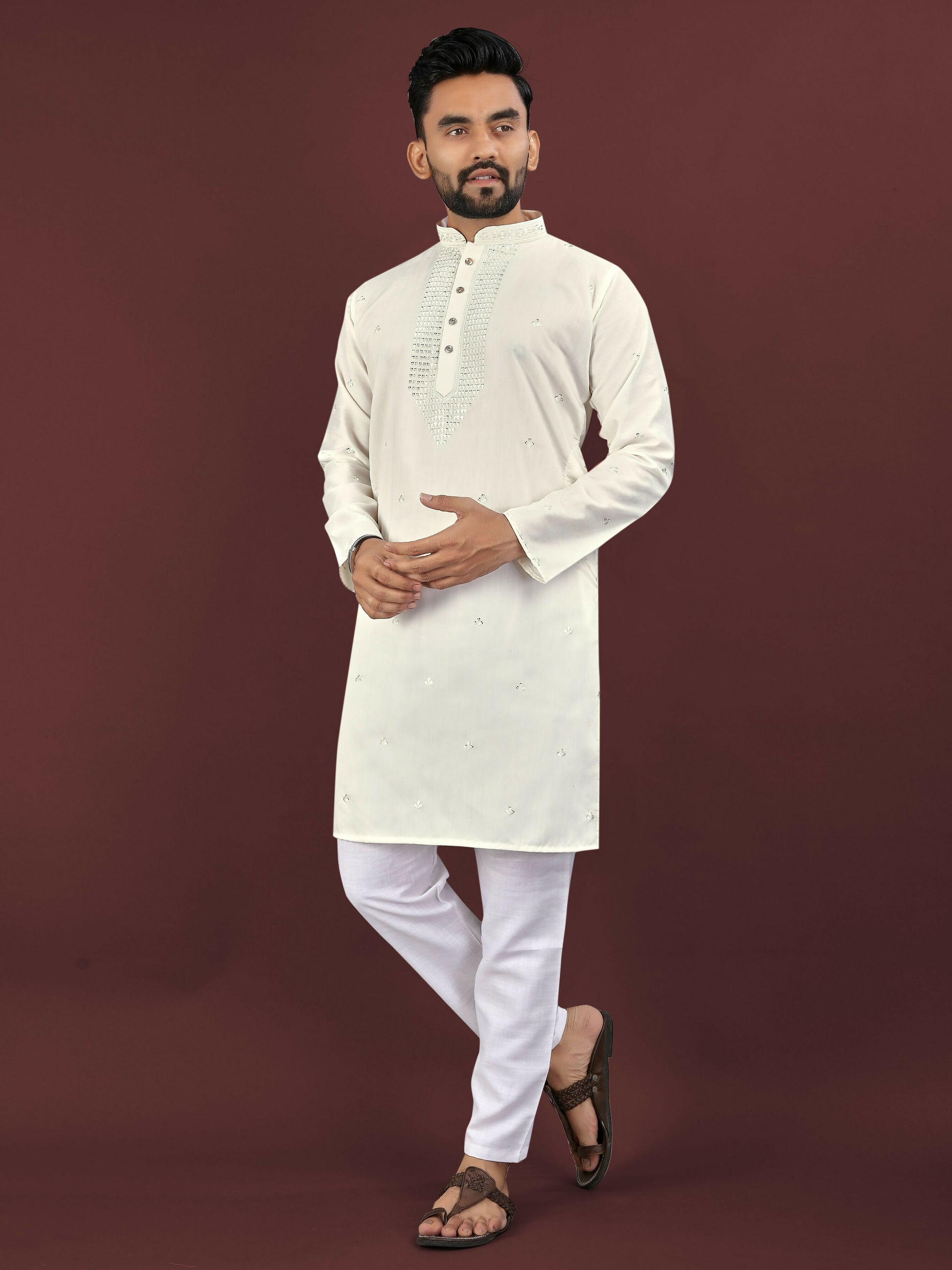 Anaita Beige Embroidered Silk Straight Kurta - Distacart