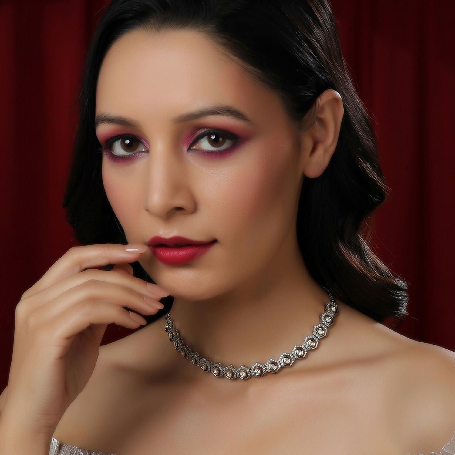Dual Tone Gold and Silver Choker with American Diamonds and Kundan (Silver) - Ruby Raang - Distacart