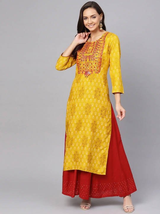 Anubhutee Mustard Yellow & Brown Screen Printed Straight Kurta - Distacart