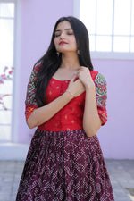 Thumbnail for Jyoti Fashion Women's Wine Patola with Foil Print Dola Silk Anarkali Dress - Distacart