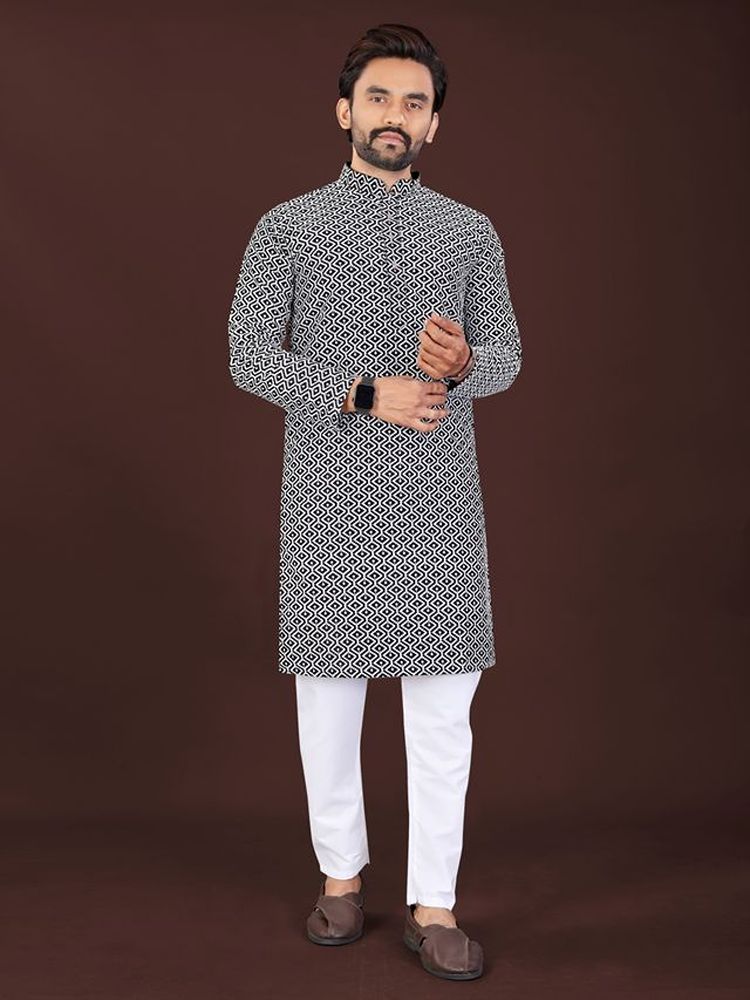 Neera Trendz Black Cotton Lucknowi Chikankari Work Mens Kurta Pajama
