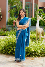 Thumbnail for Vastranavya Firozi Embroidery Work Shimmer Chiffon Saree with Unstitched Blouse