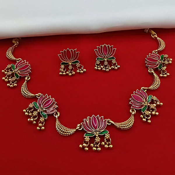 Jewel City Lotus Design Gold-Plated Traditional Necklace Set for Women & Girls – Ethnic Enamel Choker with Earrings - Distacart