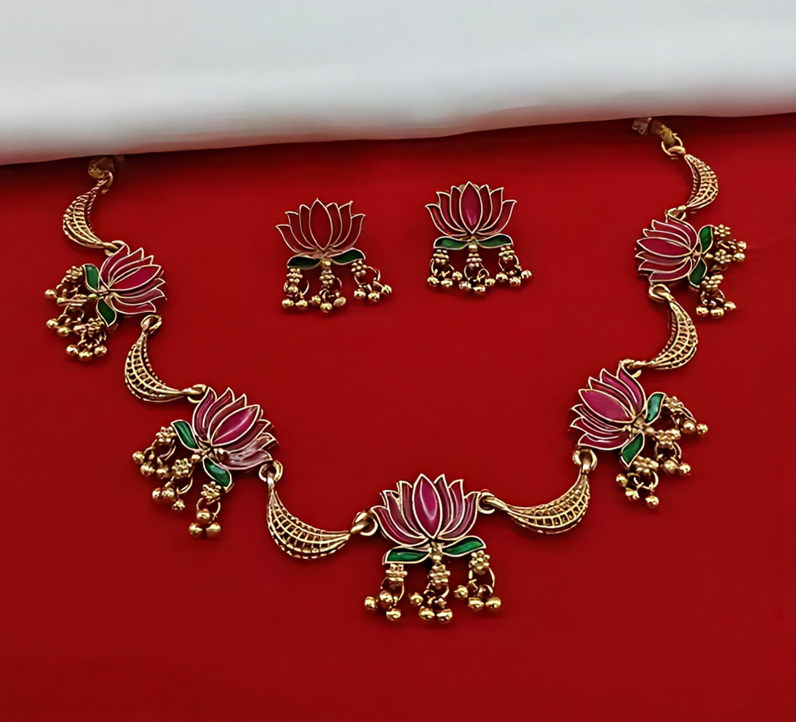 Jewel City Lotus Design Gold-Plated Traditional Necklace Set for Women & Girls – Ethnic Enamel Choker with Earrings