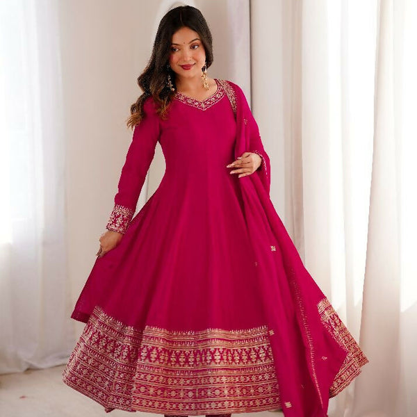 Teeya Creation Rani Color Vichitra Silk Embroidery Work Party Wear Long Gown - Distacart