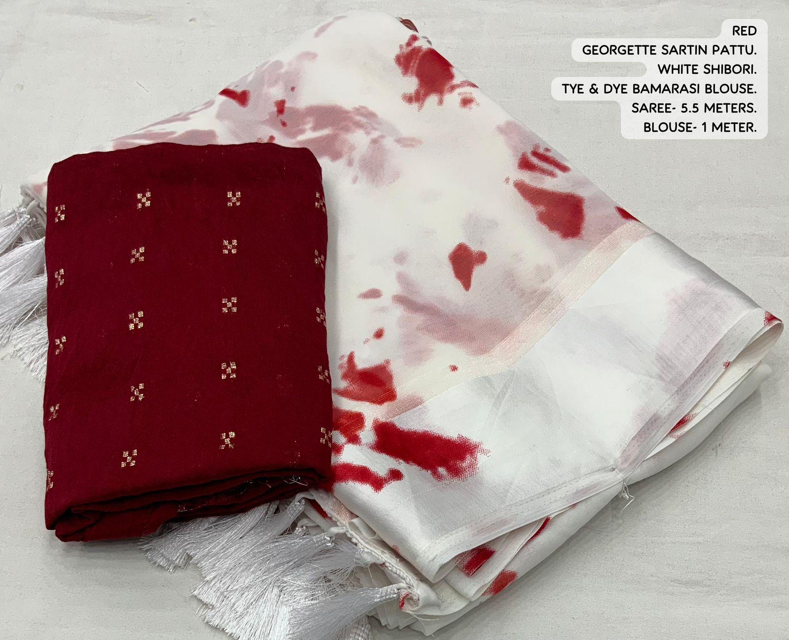 Red Poly Georgette Tie and Dye Saree with Unstitched Blouse - Hiral Fashion - Distacart