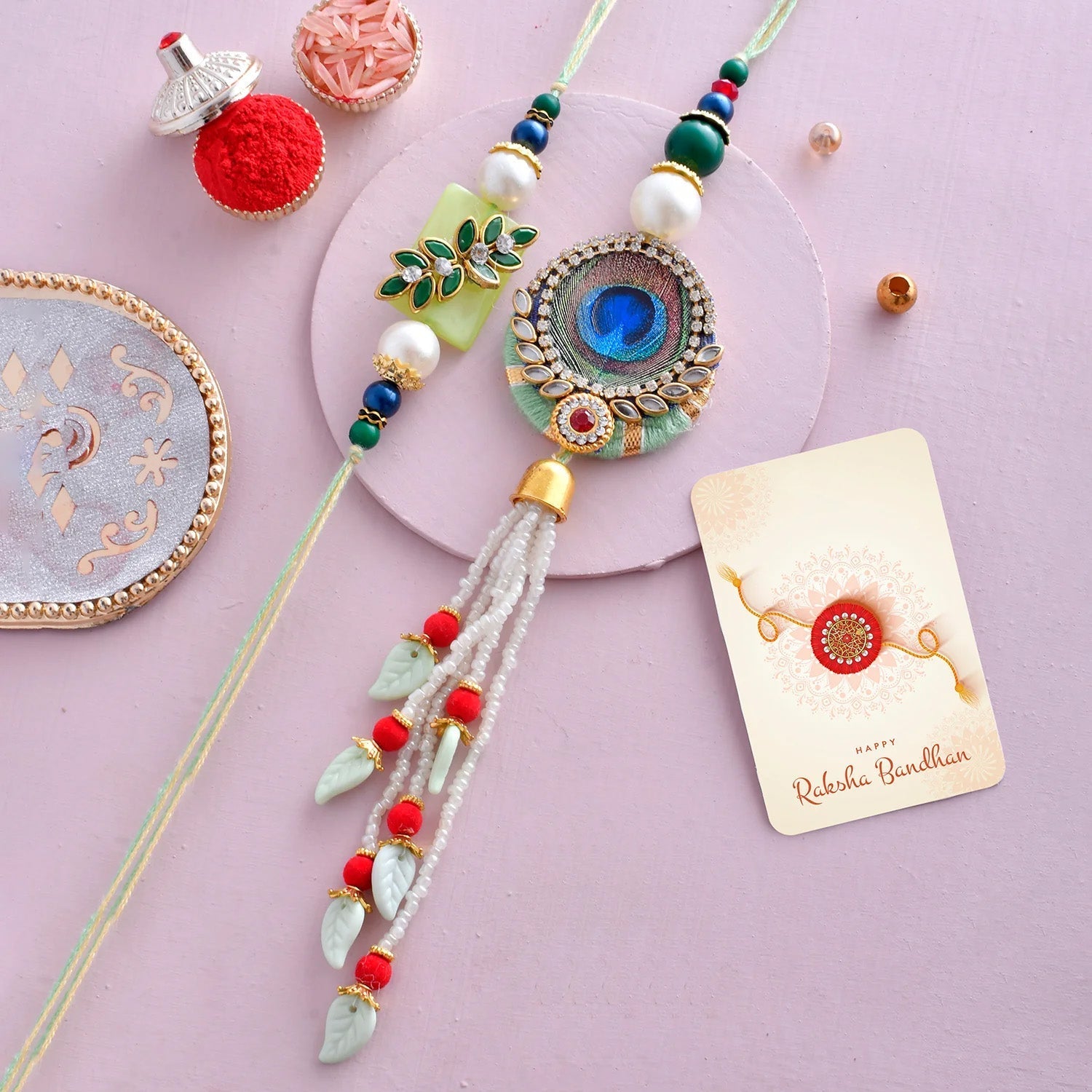 trueBrowns X Voylla Peacock Feathers And Beads Bhaiya Bhabhi Lumba Rakhi - Distacart