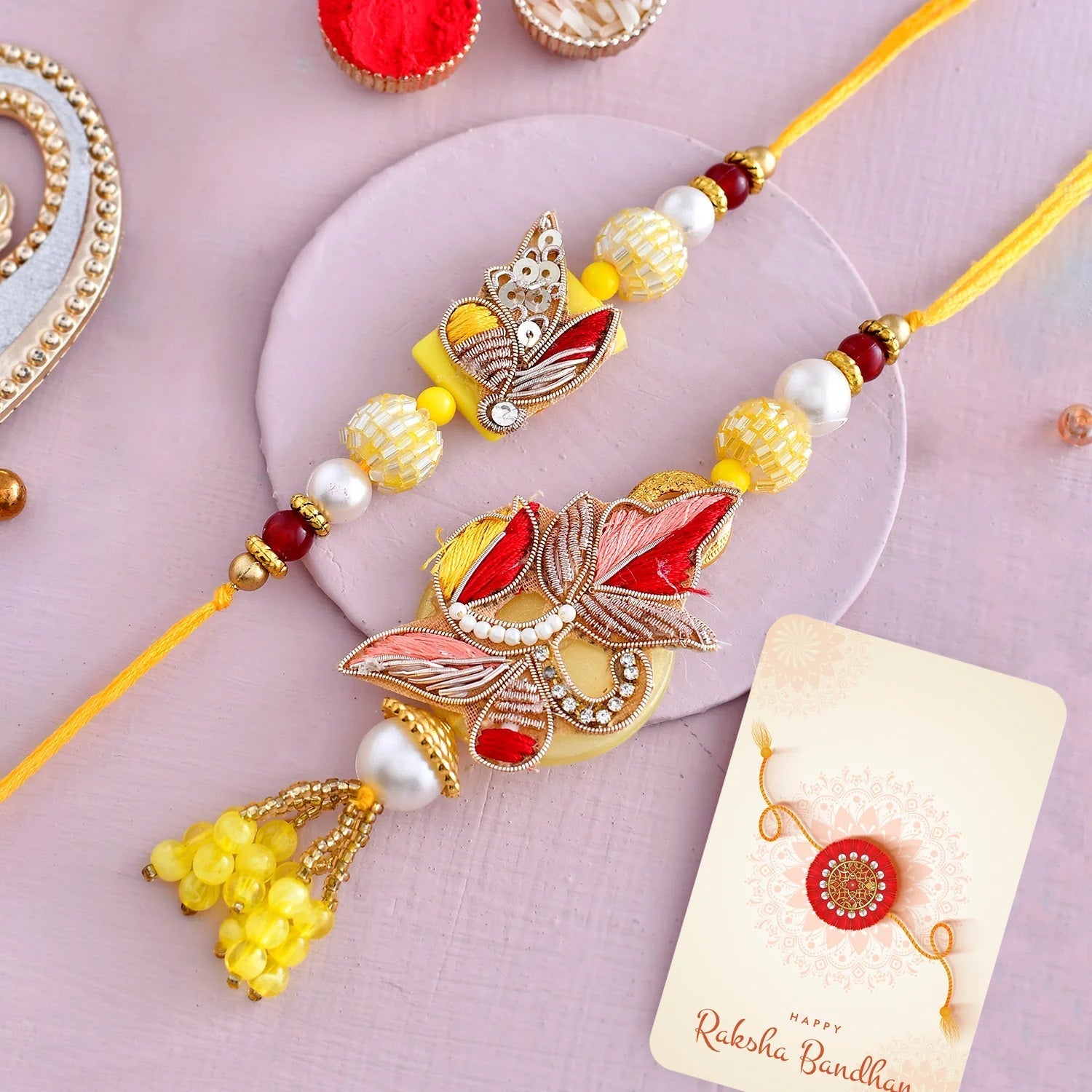 trueBrowns X Voylla Faux Pearls And Kundan Gems Bhaiya Bhabhi Lumba Rakhi - Distacart