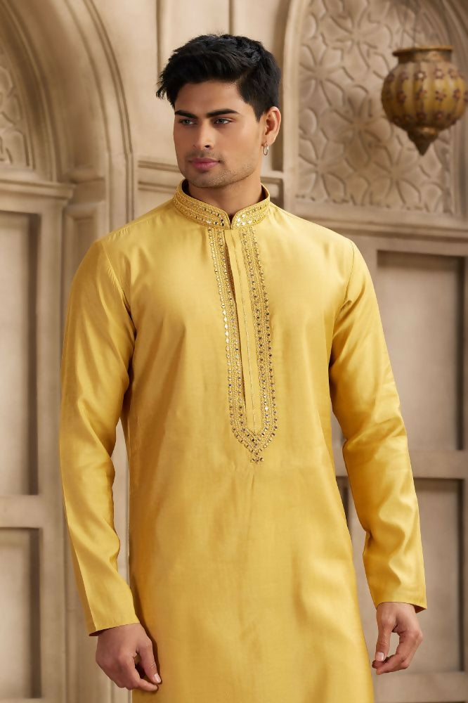 Raivat Ethnic Banarasi Art Silk Mirror Work Kurta Pajama In Rust Colour