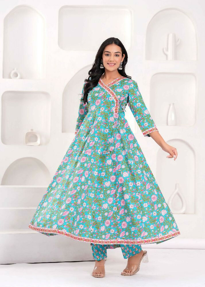 Jaimini Women Cotton Printed V-Neck 3/4 Sleeves Calf Length Angrakha Kurta Pant And Dupatta Set - Dista