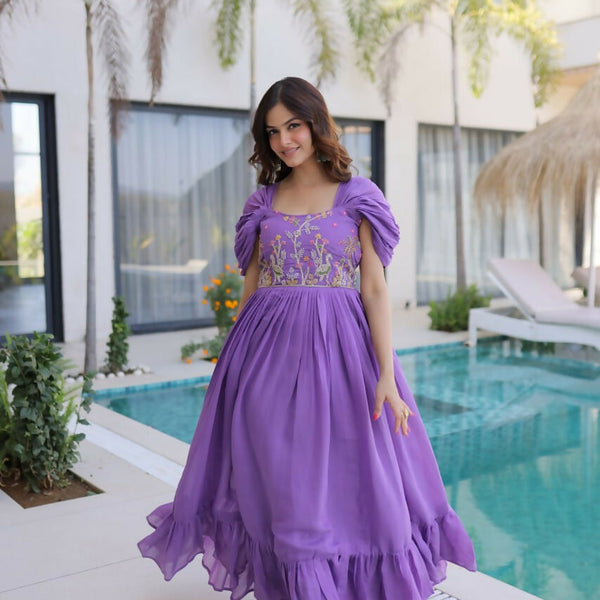 Teeya Creation Womens New Fancy Mul Chanderi With Embroidered Work Gown Set - Dista