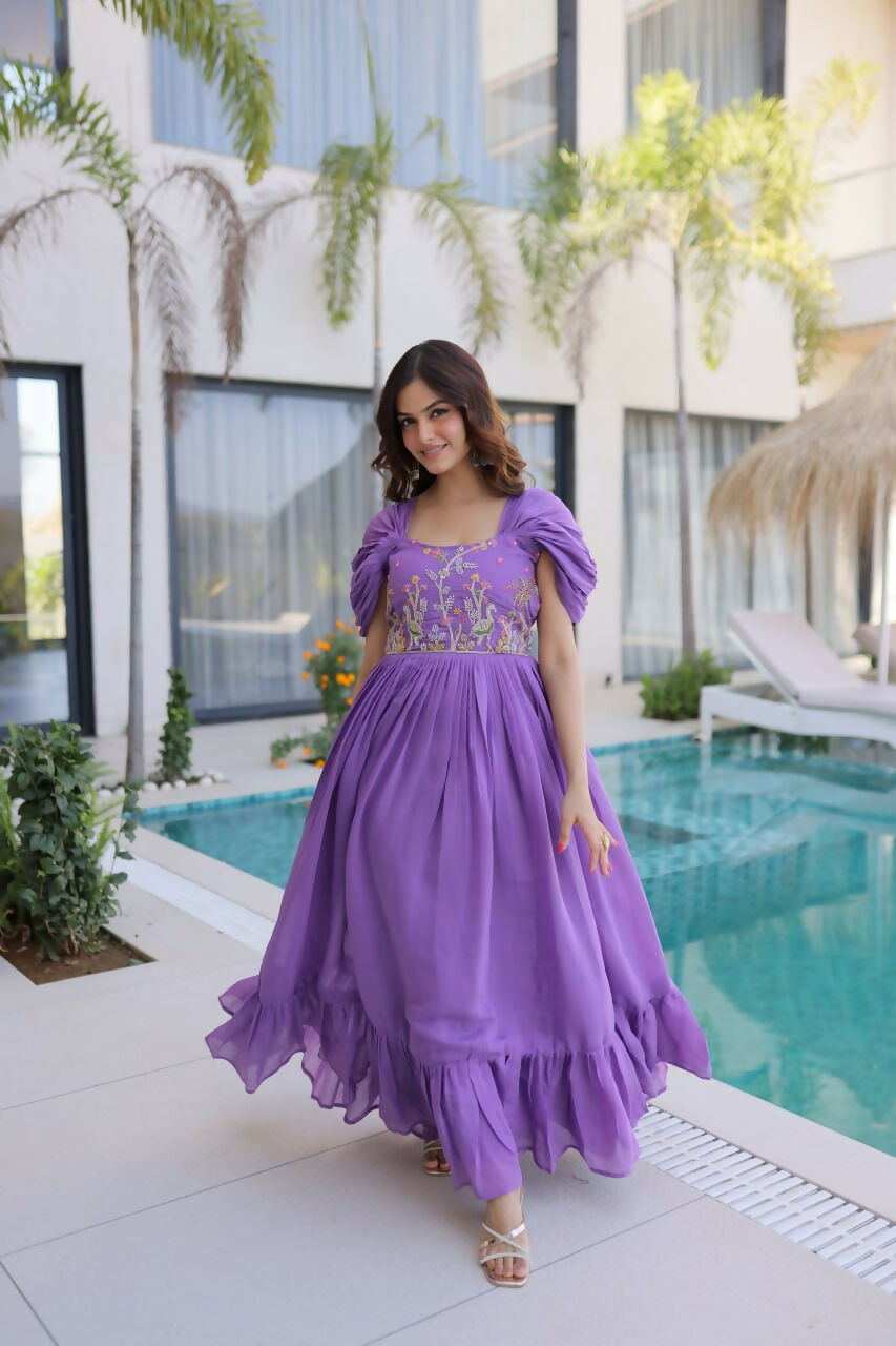 Teeya Creation Womens New Fancy Mul Chanderi With Embroidered Work Gown Set - Dista