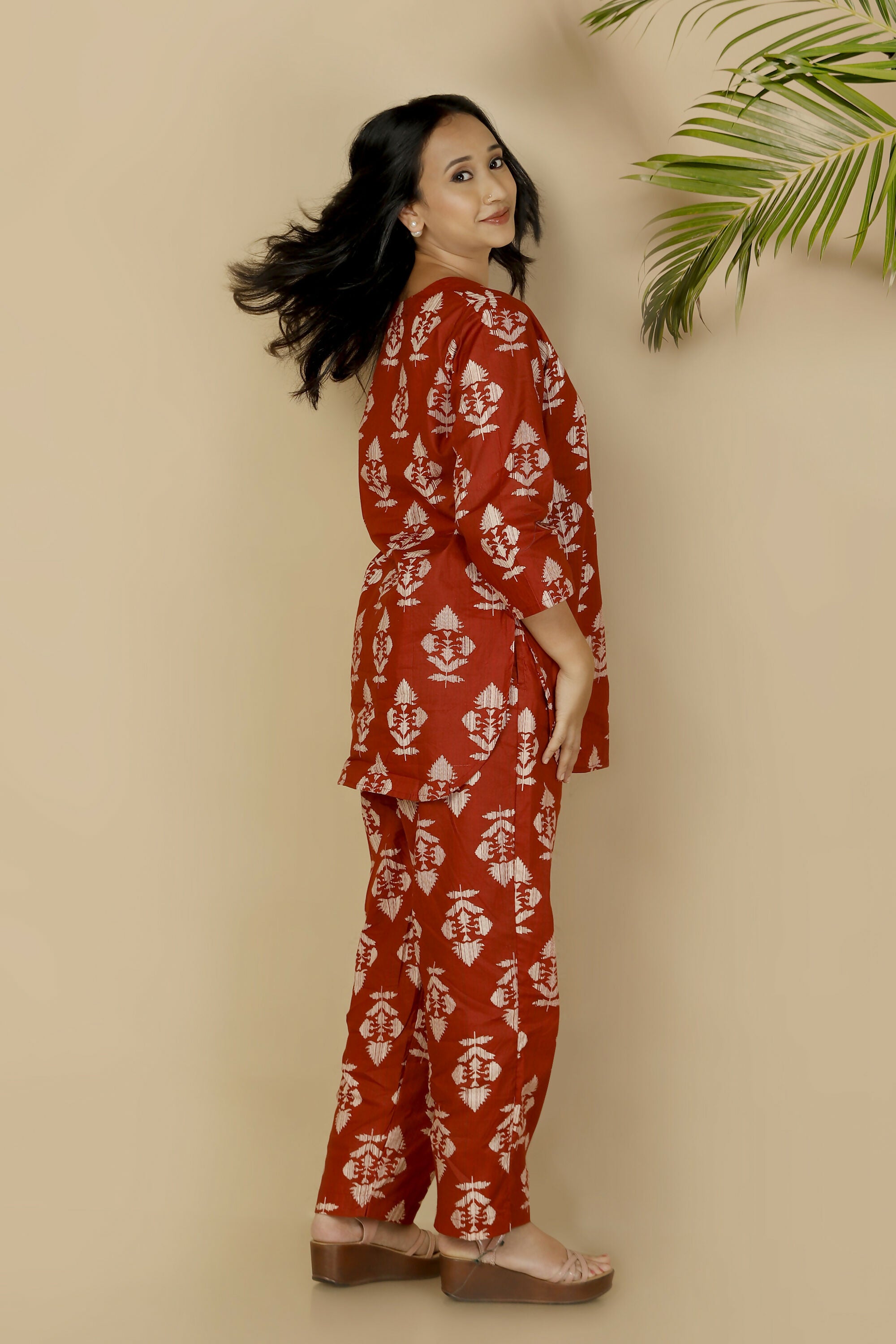 Breathables Red Butta Cotton Co-Ord Set – Kurta With Straight Pants - Dista