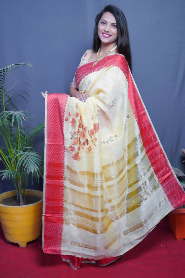 Jyoti Fashion Women's Red Linen Silk Digital Print with Jacquard Woven Border Saree with Blouse - Distacart