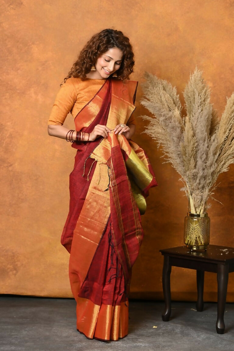Very Much Indian Handloom Pure Cotton Linen Saree With Golden Border - Dark Maroon - Distacart