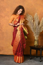 Thumbnail for Very Much Indian Handloom Pure Cotton Linen Saree With Golden Border - Dark Maroon - Distacart