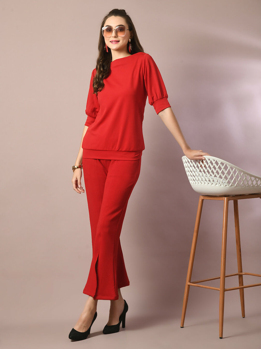 Myshka Women's Red Solid Boat Neck Party Top With Trousers Co-ord set - Distacart