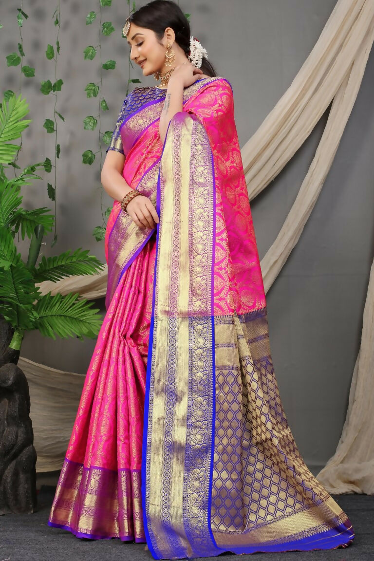 Jyoti Fashion Women's Pink Kanjivaram Silk Zari Woven Saree with Blouse - Distacart