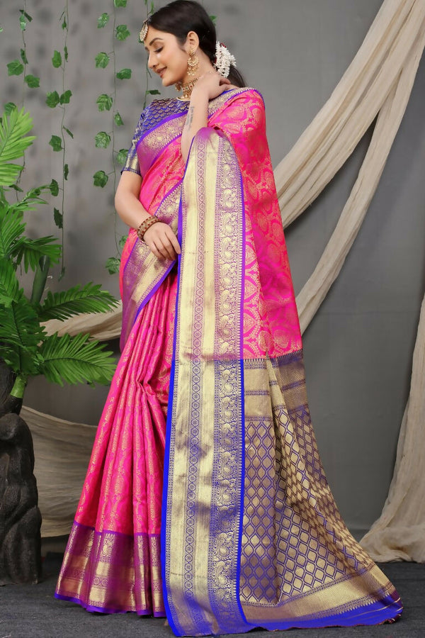 Jyoti Fashion Women's Pink Kanjivaram Silk Zari Woven Saree with Blouse - Distacart