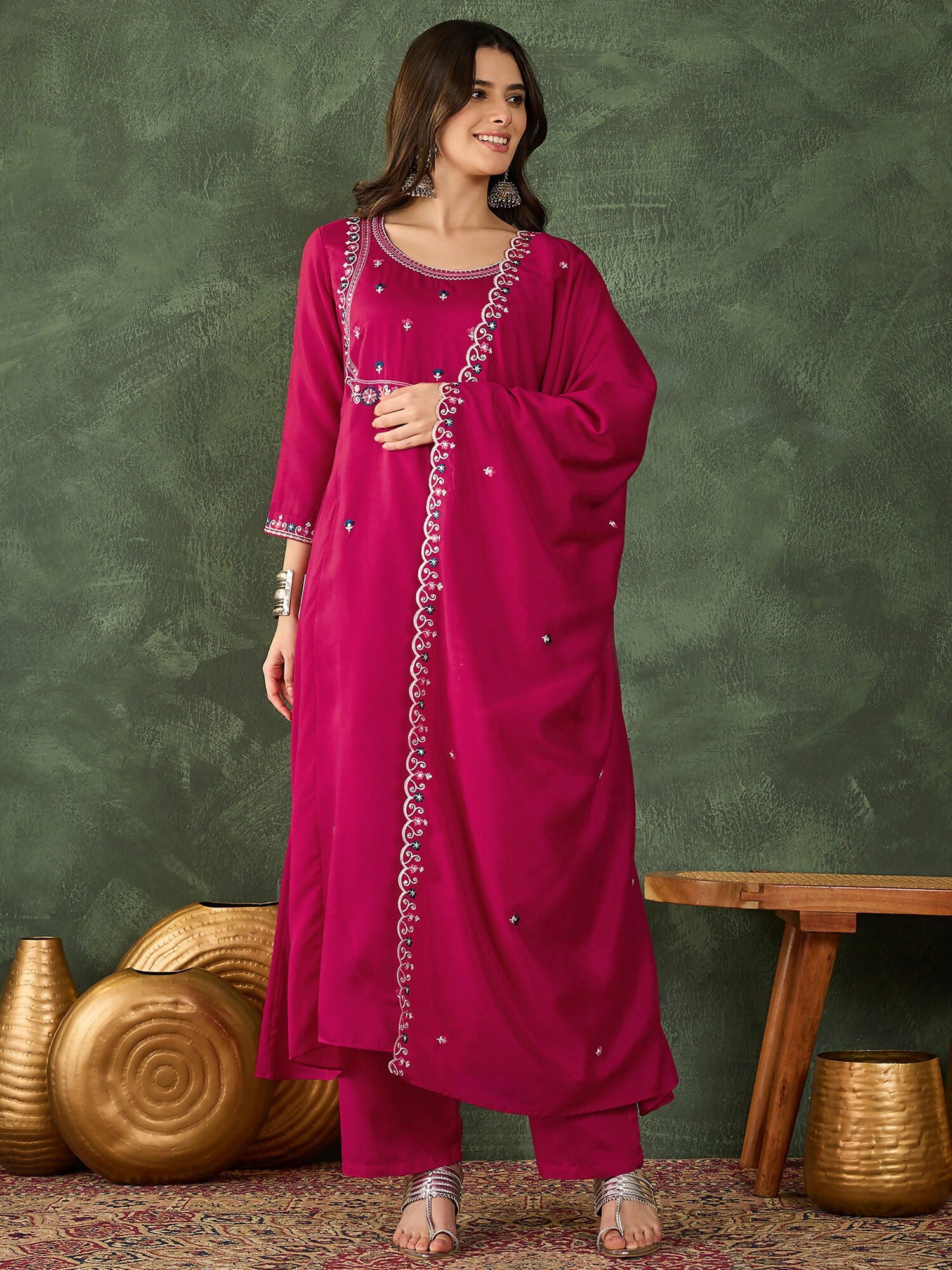The52 Women's Gorgeous Embroidery Work Vichitra SIlk Fabric Flared Kurta Pant and Dupatta Set-Rani - Dista