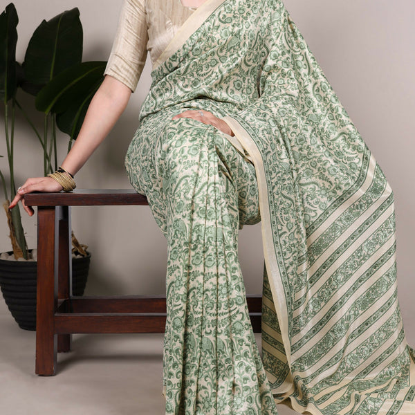Vastranavya Green Tussar Silk Printed Saree with Unstitched Blouse - Distacart