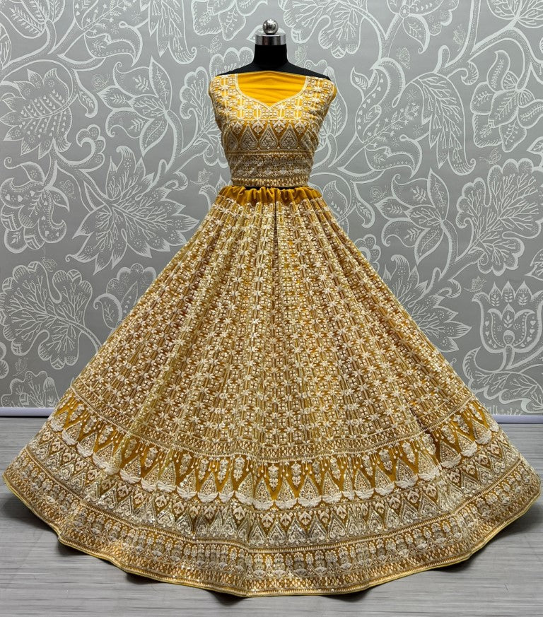 Jyoti Fashion Women's Yellow Bridal Net Fancy Sequins with Multi Thread Embroidered Wedding Lehenga Choli - Distacart