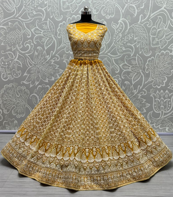 Jyoti Fashion Women's Yellow Bridal Net Fancy Sequins with Multi Thread Embroidered Wedding Lehenga Choli - Distacart