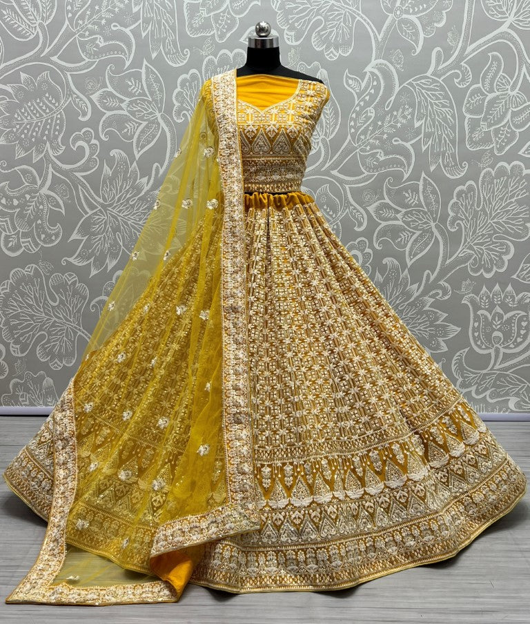Jyoti Fashion Women's Yellow Bridal Net Fancy Sequins with Multi Thread Embroidered Wedding Lehenga Choli - Distacart