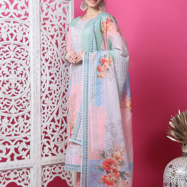 Jyoti Fashion Women's Multicolor Cotton Geometric Digital Print with Jari & Crystal Kurta with Trouser & Dupatta - Distacart