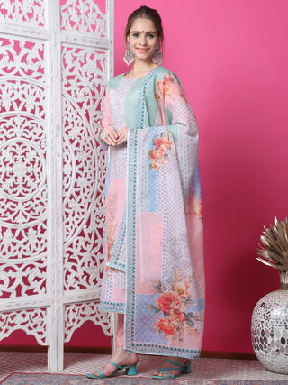 Jyoti Fashion Women's Multicolor Cotton Geometric Digital Print with Jari & Crystal Kurta with Trouser & Dupatta - Distacart