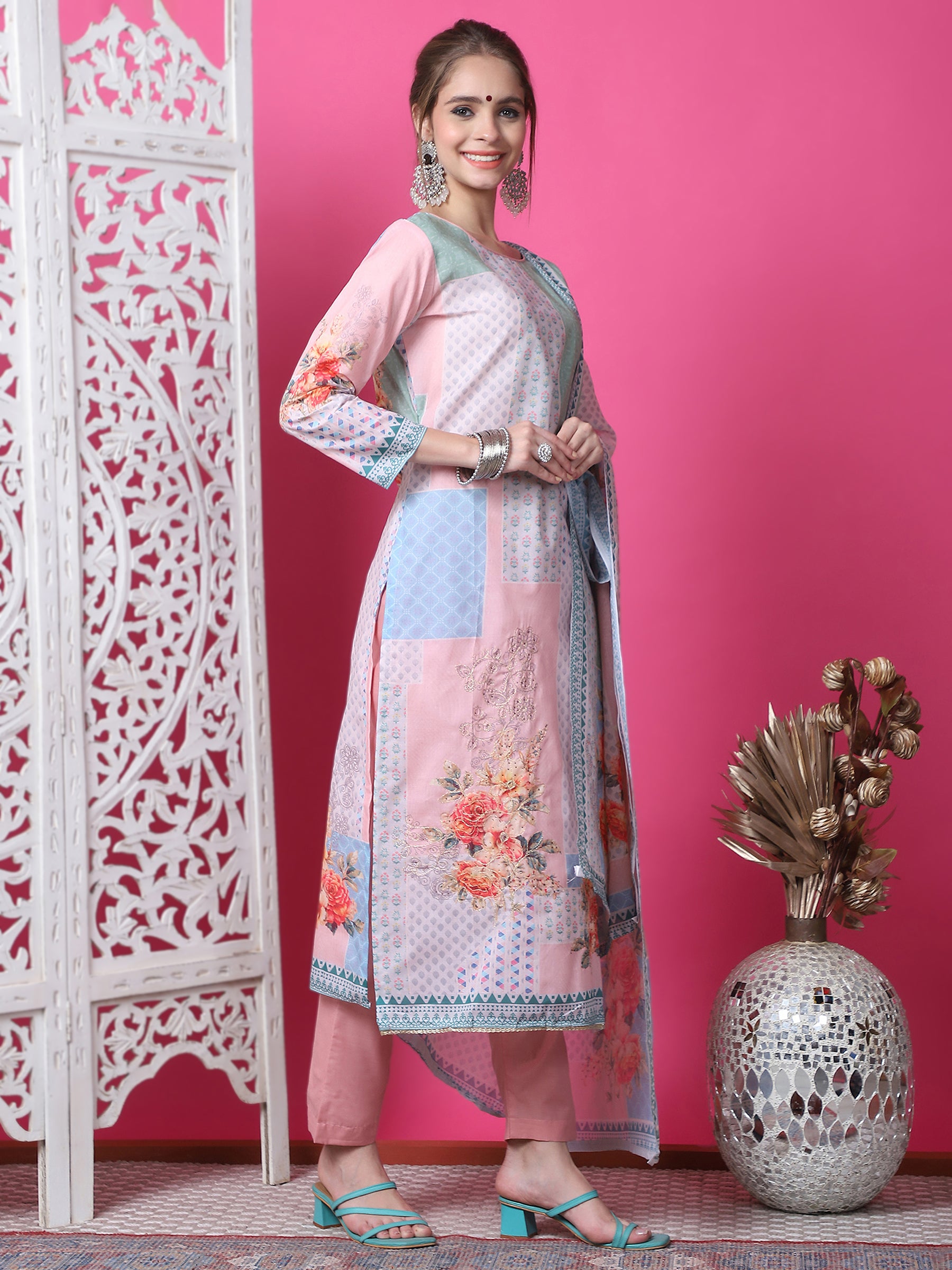 Jyoti Fashion Women's Multicolor Cotton Geometric Digital Print with Jari & Crystal Kurta with Trouser & Dupatta - Distacart